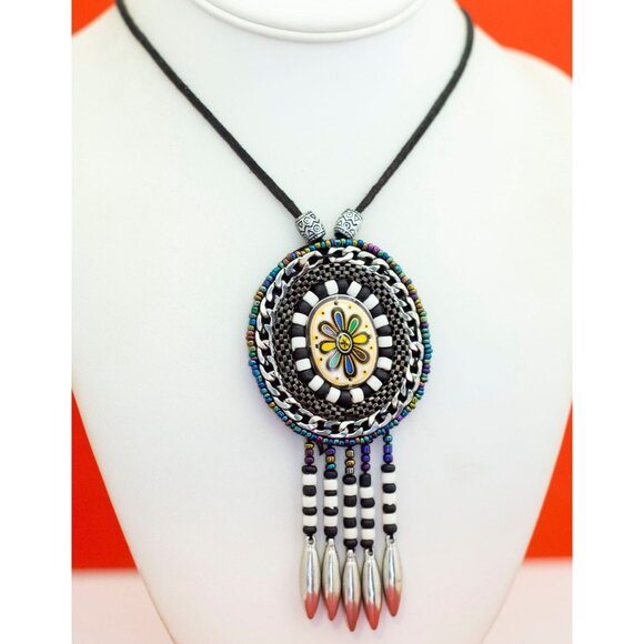 26 inch, Vintage Bohemian Floral Oval Tassel Necklace - F38 - Picture 2 of 3